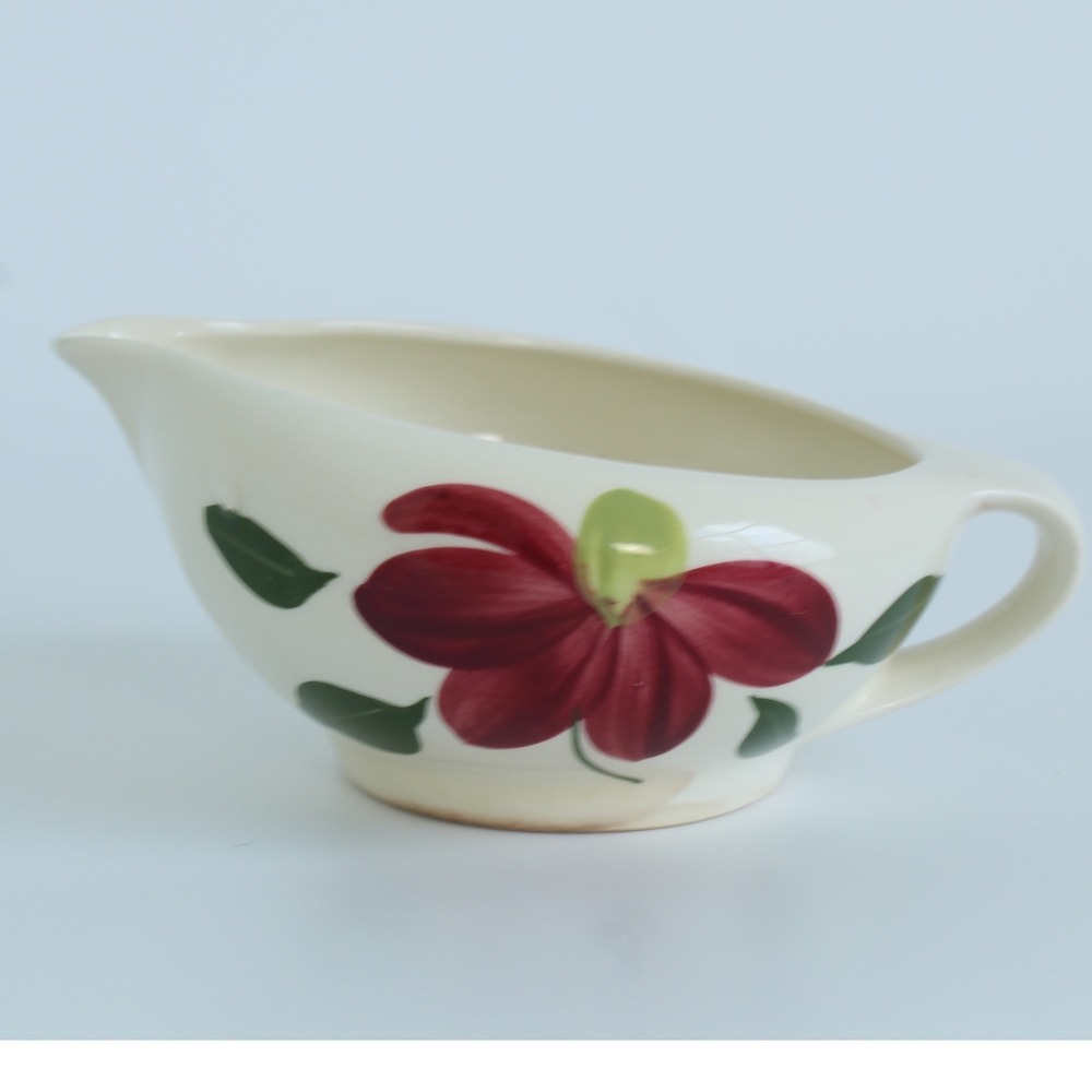 Vintage Hand Painted Red Floral Ceramic Gravy Boat Cream Cottagecore 6.5in